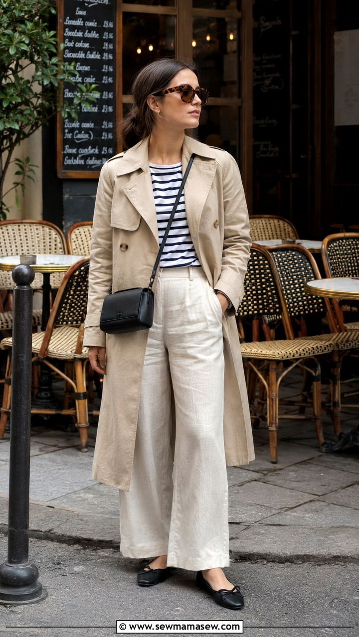 Trench Coat Linen Pants Striped Shirt Outfit - 25 Wide leg linen pants outfit ideas with a trench coat