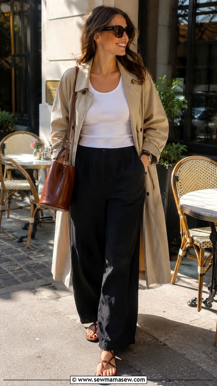 Trench Coat Linen Pants Tank Top Outfit - 25 Wide leg linen pants outfit ideas with a trench coat