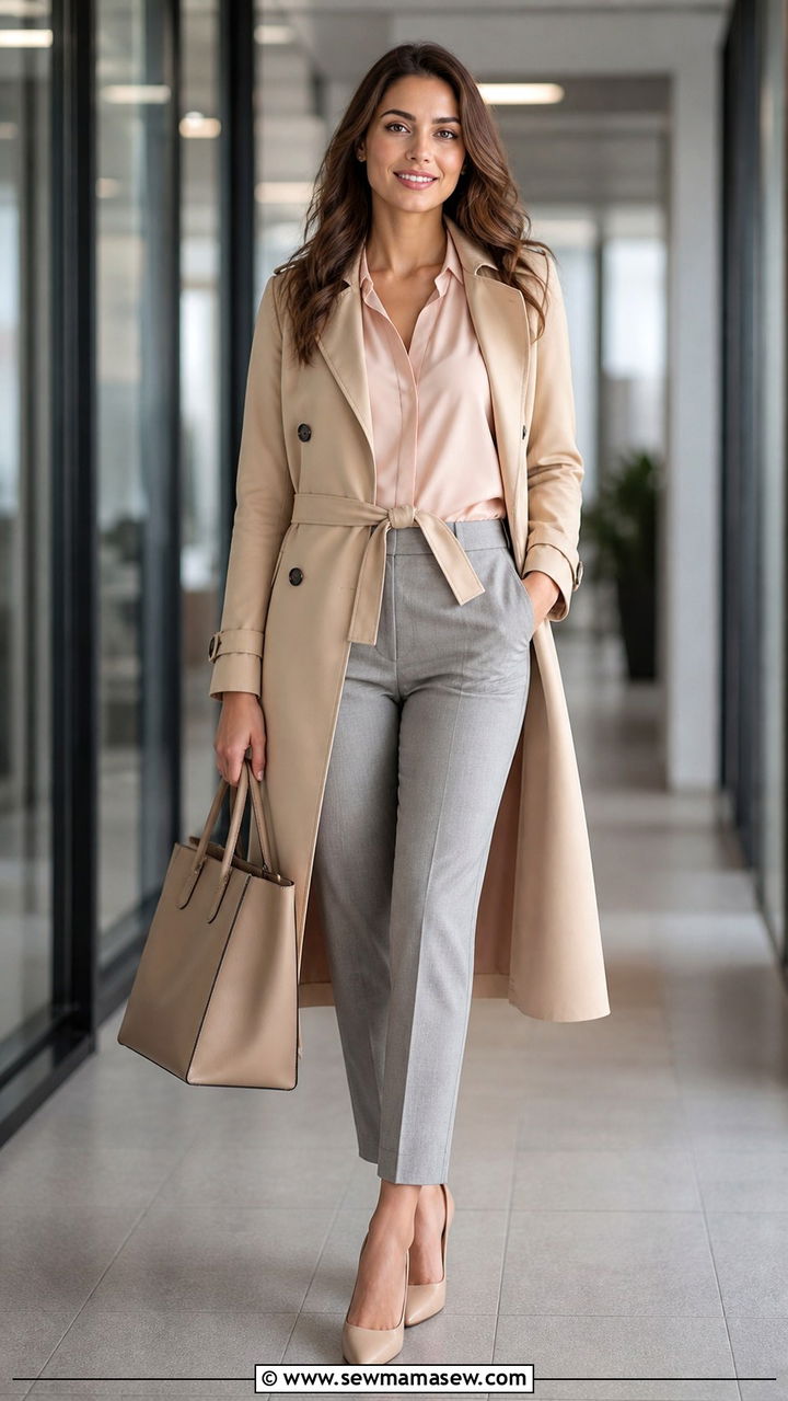 Trench Coat Office Look with Blouse and Pumps Outfit - 40 trench coat outfit ideas