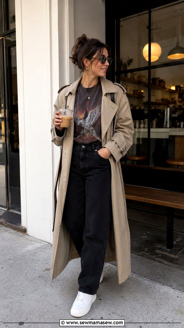 Trench Coat Outfit With Black Jeans And Graphic Tee - 25 Black jeans outfit ideas with a trench coat