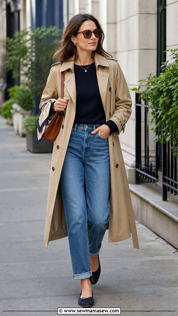 Trench Coat Outfit With Jeans And Sweater - 20 35 year old woman outfit ideas