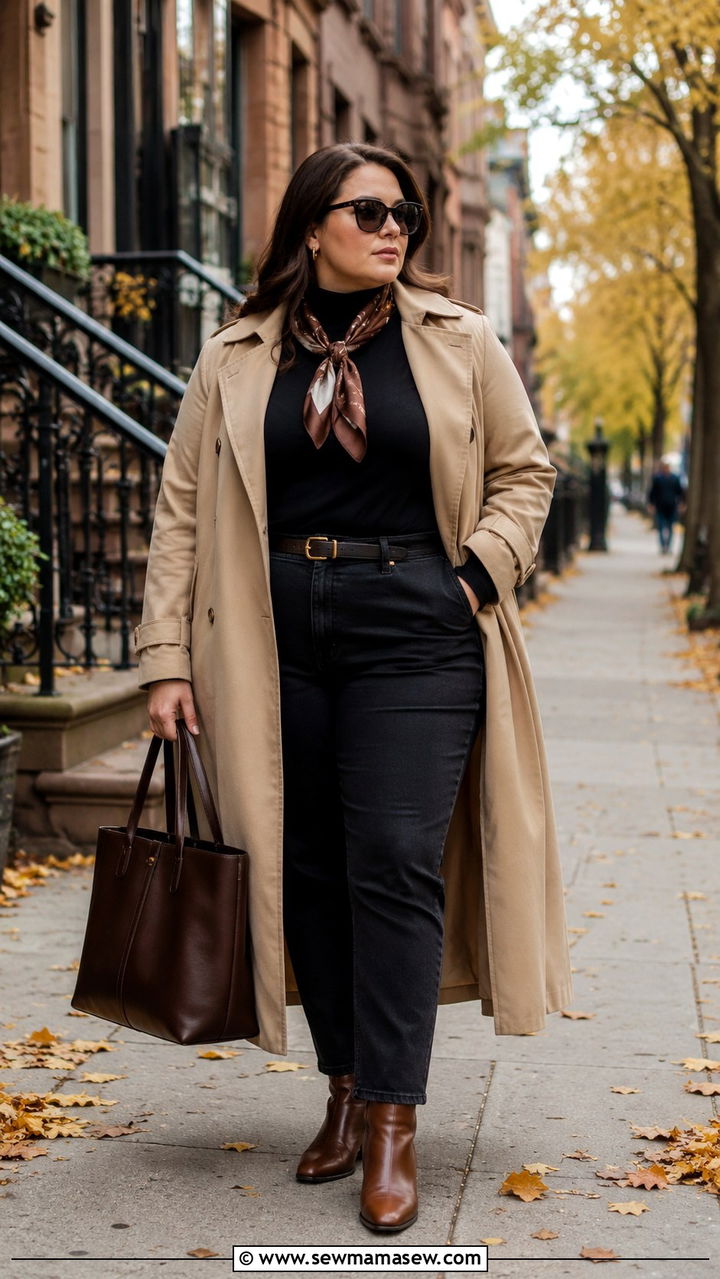 Trench Coat Outfit with Turtleneck and Jeans - 30 Old money outfits plus size