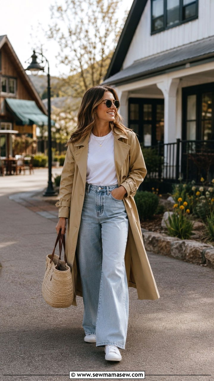 Trench Coat Outfit with White Tee and Wide Leg Jeans - 30 Spring cabin weekend outfits