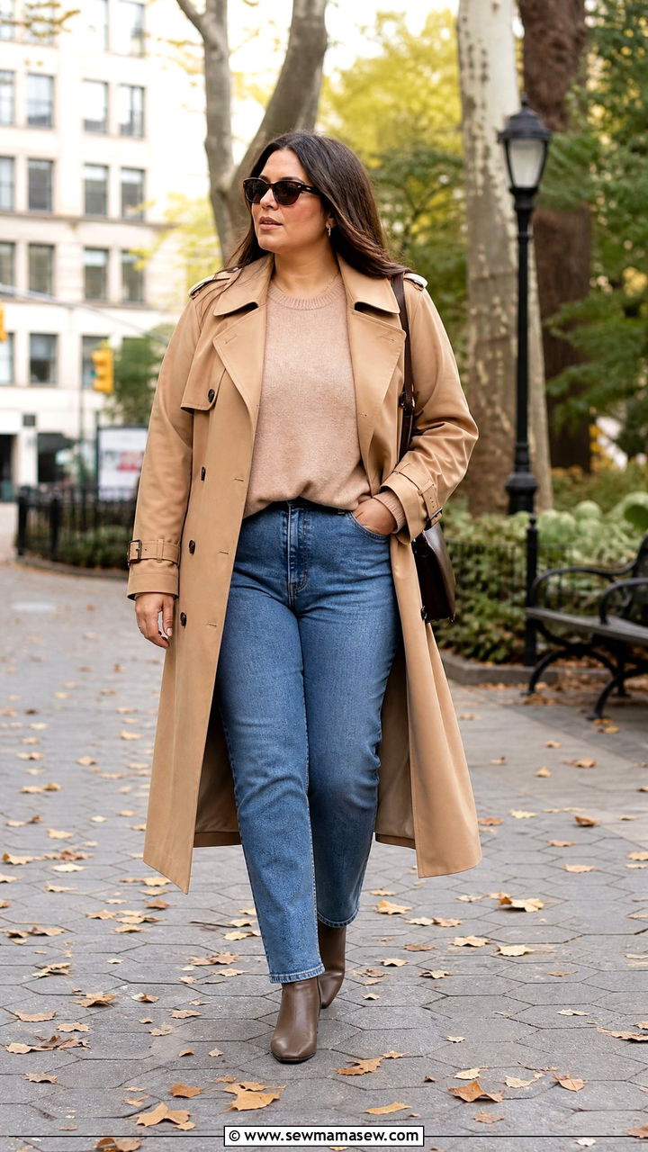 Trench Coat Over A Cashmere Sweater With Straight Leg Jeans And Ankle Boots - 35 Midsize capsule wardrobe