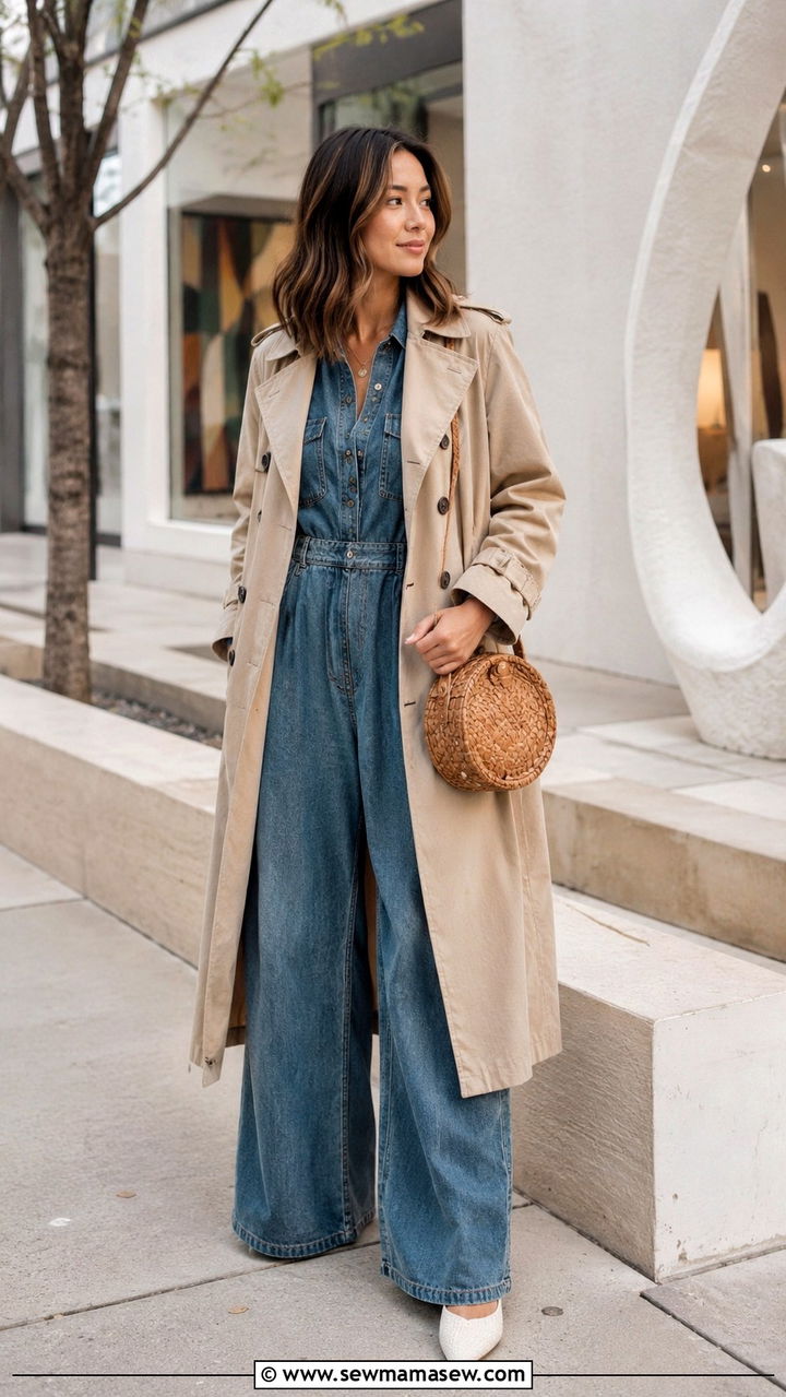 Trench Coat Over A Denim Wide Leg Jumpsuit - 30 Long trench coat outfit ideas with wide leg pants