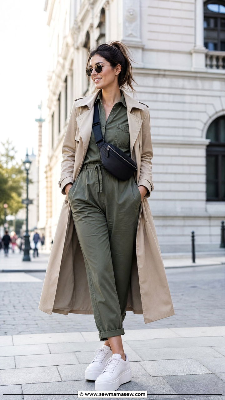 Trench Coat Over A Jumpsuit With Platform Sneakers - 35 How to style a trench coat