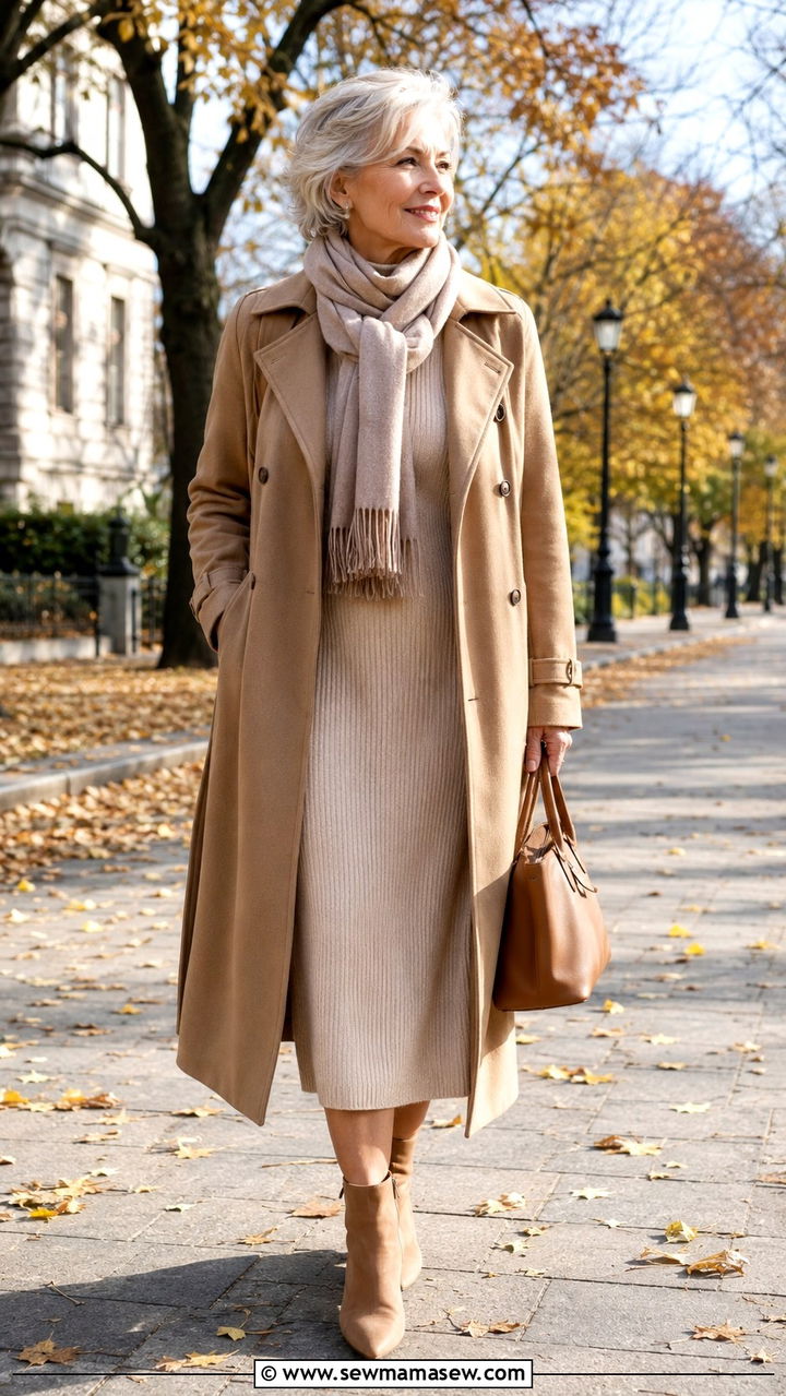 Trench Coat Over A Knit Dress - 30 Trendy outfits for women over 60