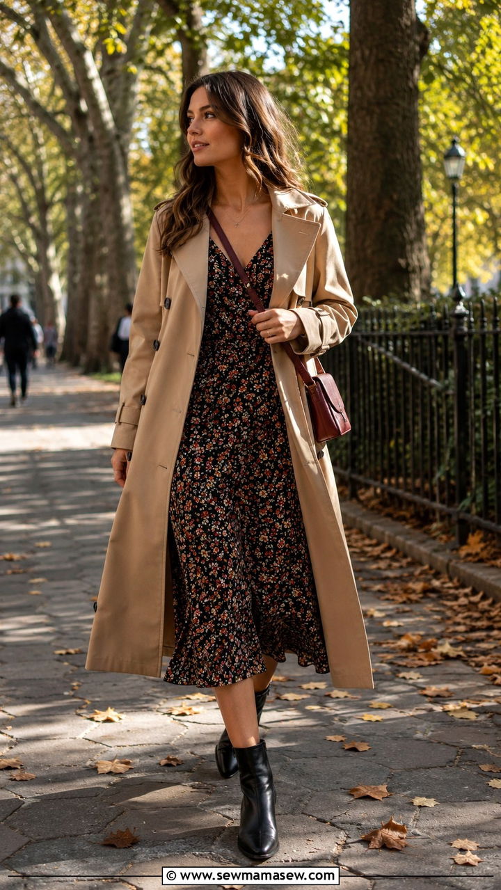 Trench Coat Over A Sundress With Ankle Boots - 30 transitional outfits Pinterest