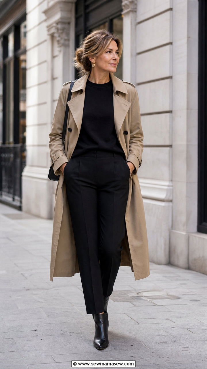 Trench Coat Over All Black Separates - 30 clean girl outfit ideas for women over 40