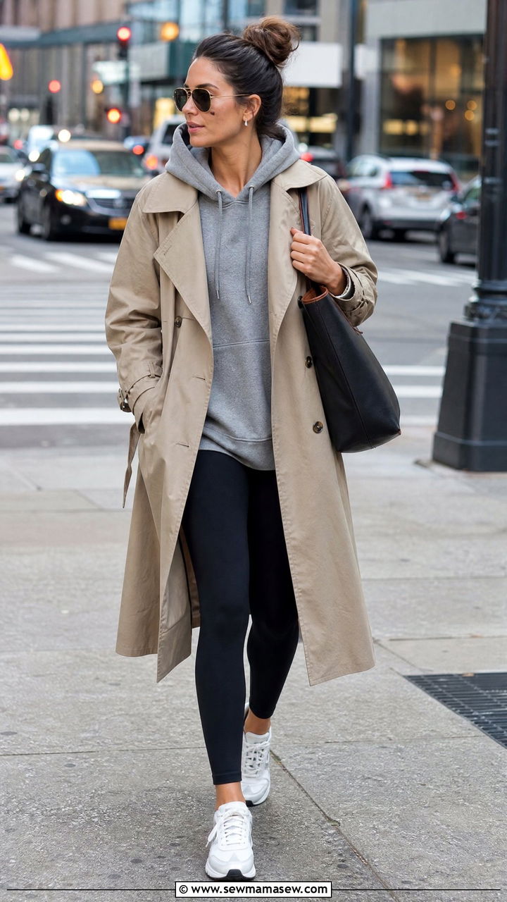 Trench Coat Over Hoodie and Leggings Outfit - 20 Spring outfits for 50-60 degree weather