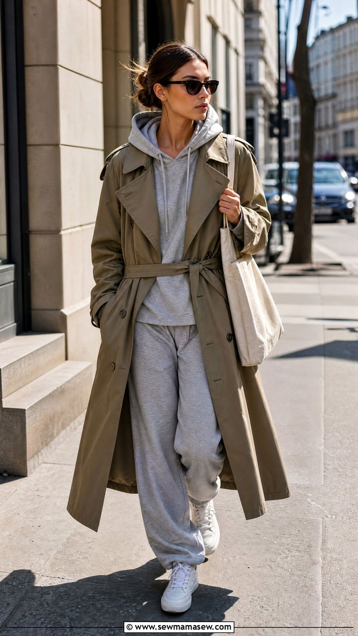 Trench Coat Over Hoodie and Sweatpants - 20 Model off duty loungewear outfit ideas