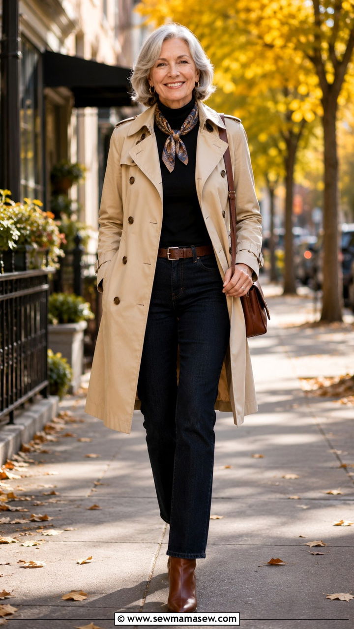 Trench Coat Over Jeans and Turtleneck Outfit - 25 Outfit ideas for women over 60 casual 2026