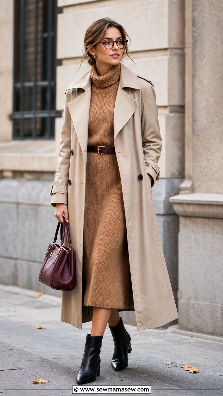 Trench Coat Over Knit Midi Dress With Ankle Boots - 25 cute librarian core outfits