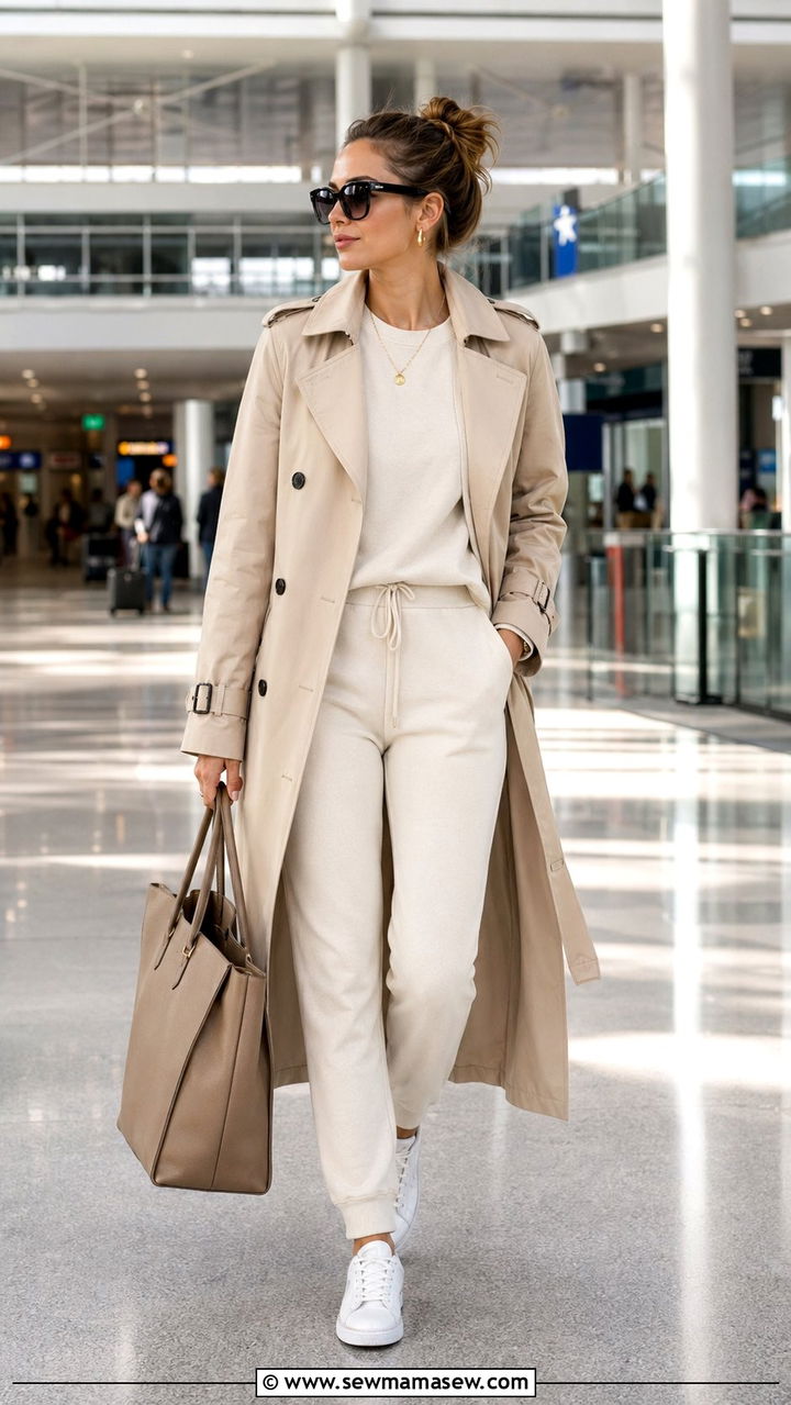 Trench Coat Over Matching Sweatsuit With Sneakers - 35 Airport outfit ideas with sneakers