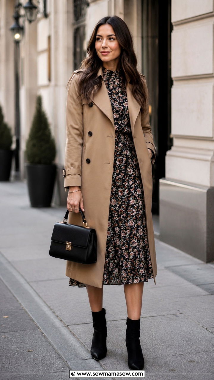 Trench Coat Over Midi Dress And Ankle Boots - 30 Mild weather outfit ideas