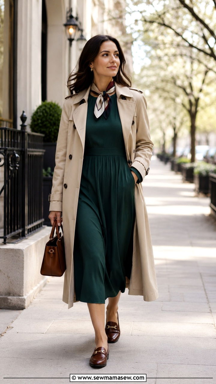 Trench Coat Over Midi Dress With Loafers Outfit - 25 Modest outfit ideas layering hacks