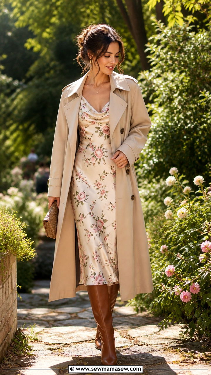 Trench Coat Over Midi Dress and Boots Outfit - 40 trench coat outfit ideas