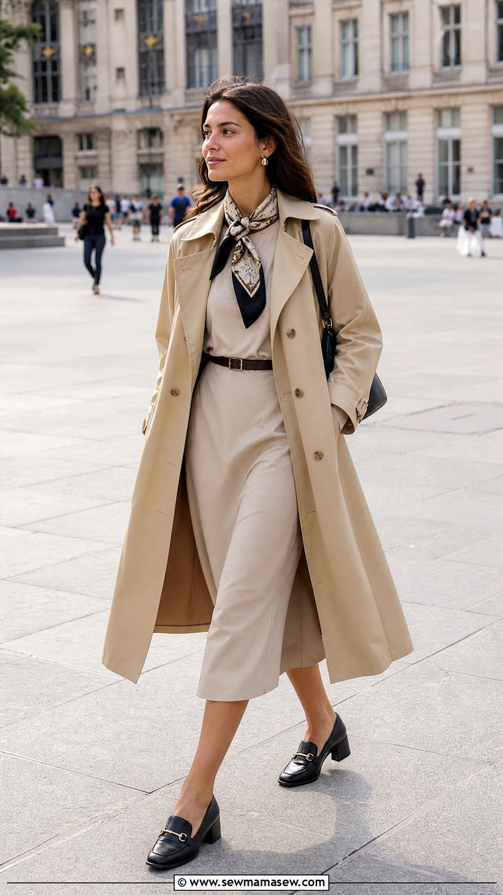 Trench Coat Over Midi Dress and Heeled Loafers - 30 Marketing manager outfit ideas