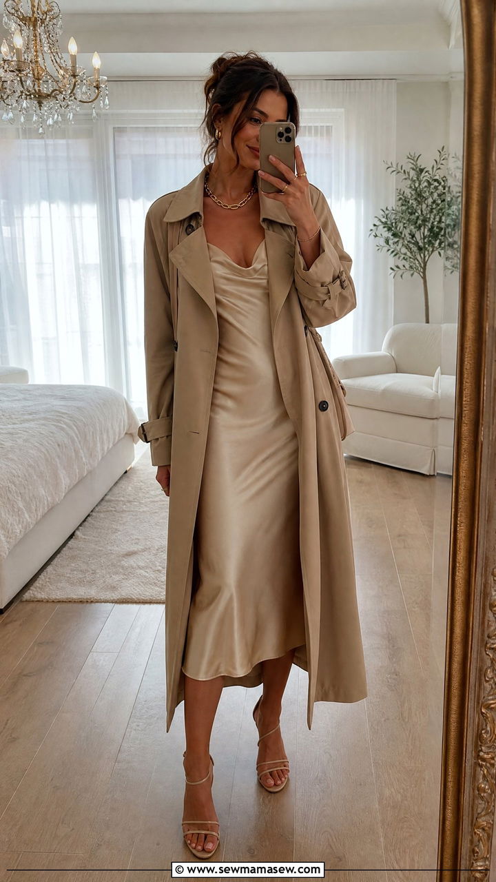 Trench Coat Over Satin Slip Dress Outfit - 40 trench coat outfit ideas