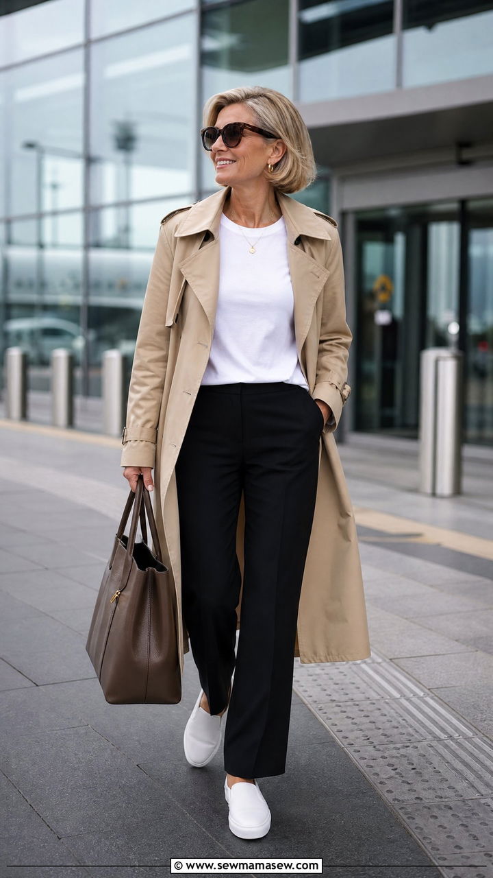 Trench Coat Over Simple Base Outfit - 35 Airport outfit ideas for women over 40
