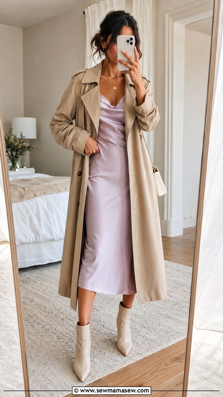 Trench Coat Over Slip Dress with Ankle Boots - 20 Spring outfits for 45 degree weather
