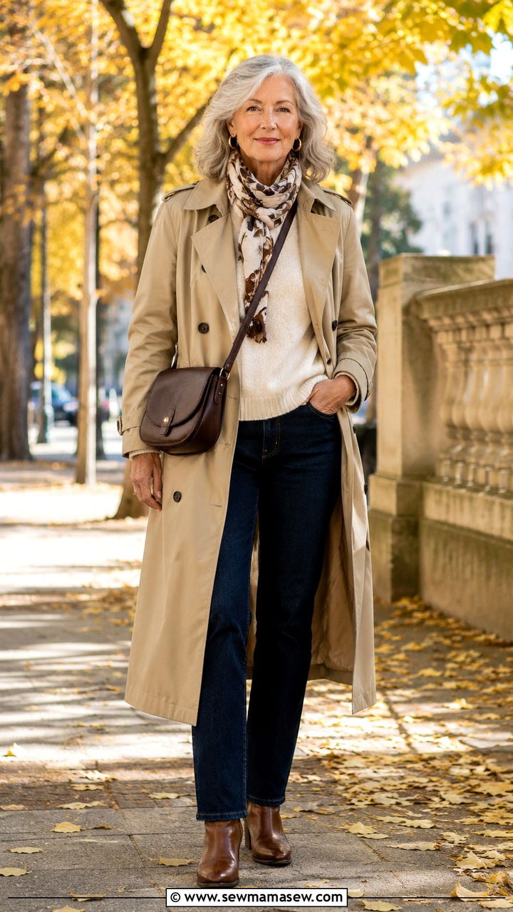 Trench Coat Over Straight Leg Jeans - 20 Quiet luxury outfit ideas for women over 60