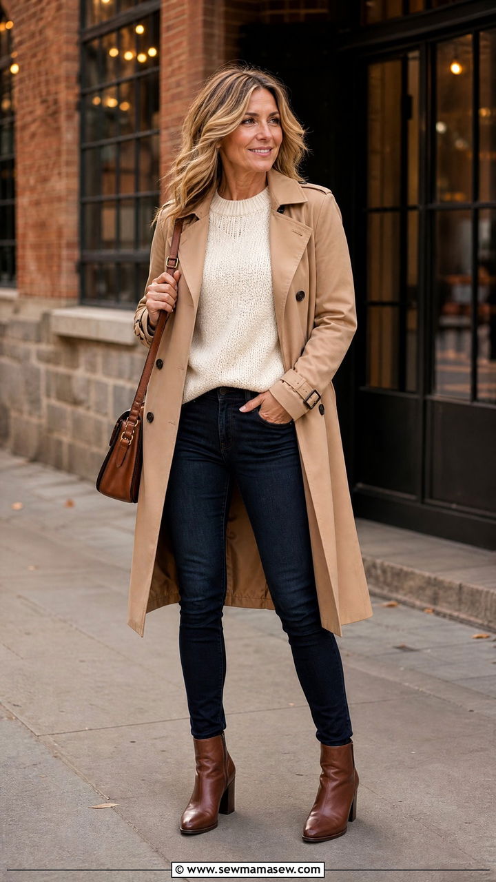 Trench Coat Over Sweater and Skinny Jeans - 30 Concert outfit ideas for women over 40