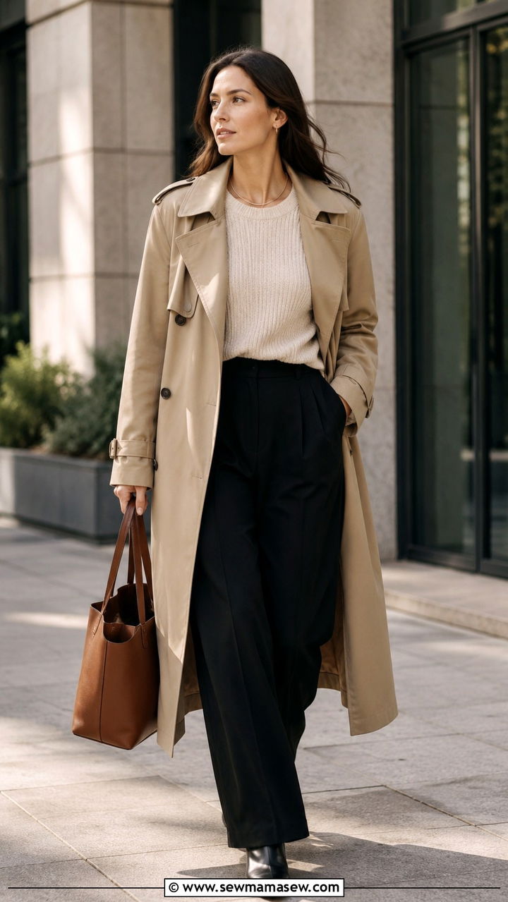 Trench Coat Over Sweater and Trousers - 25 Work outfits for pear shape