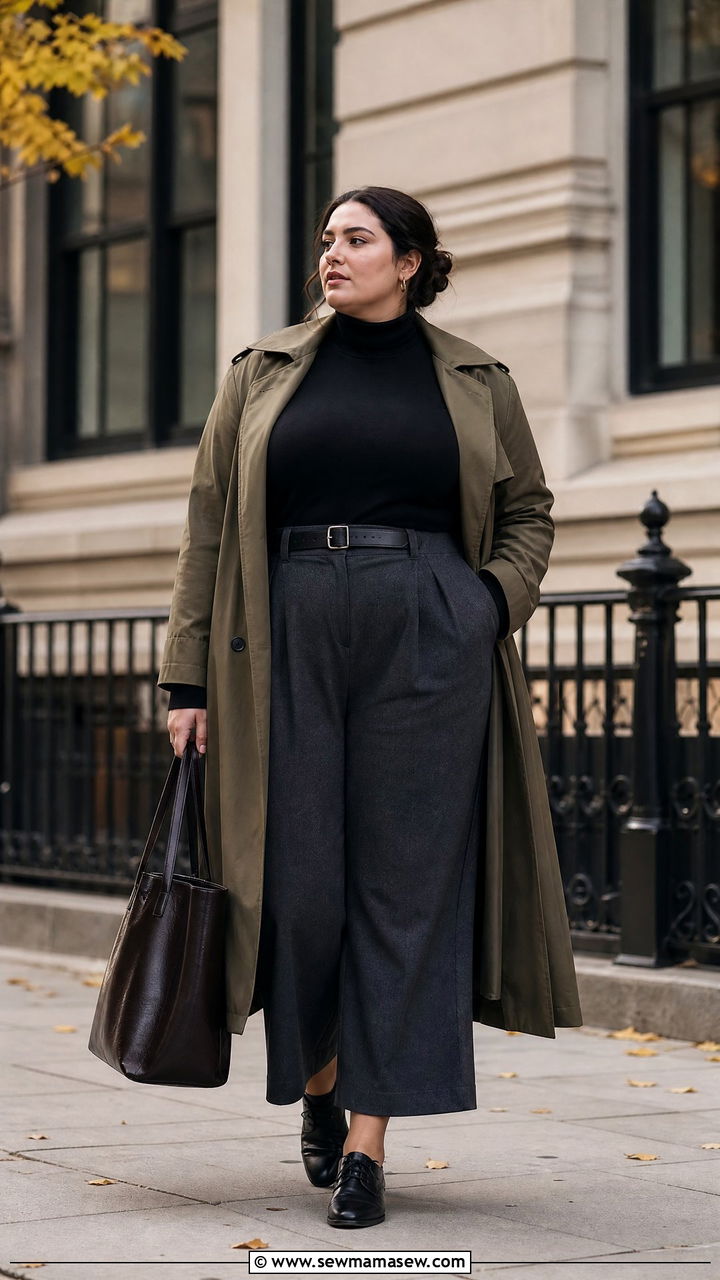 Trench Coat Over Thin Turtleneck And Cropped Wide Leg Trousers - 20 Dark academia outfits for curvy women