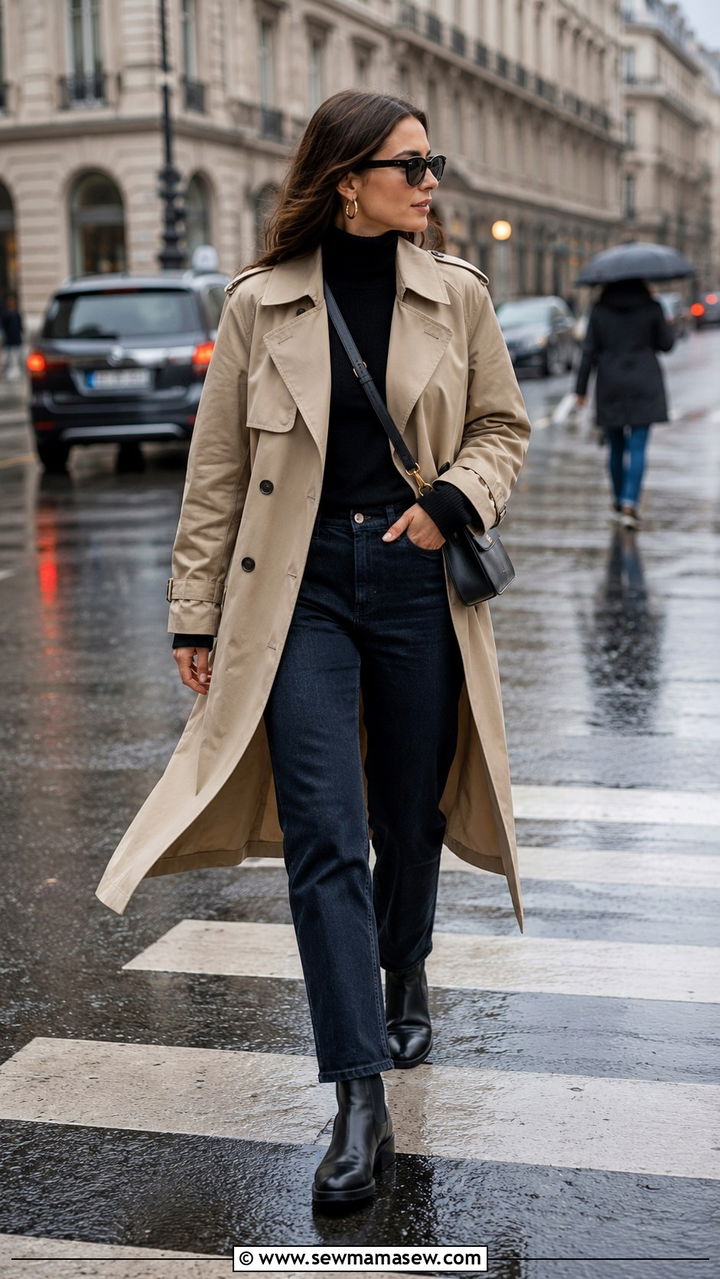 Trench Coat Over Turtleneck With Straight Leg Jeans and Chelsea Boots - 25 10 day travel capsule outfits