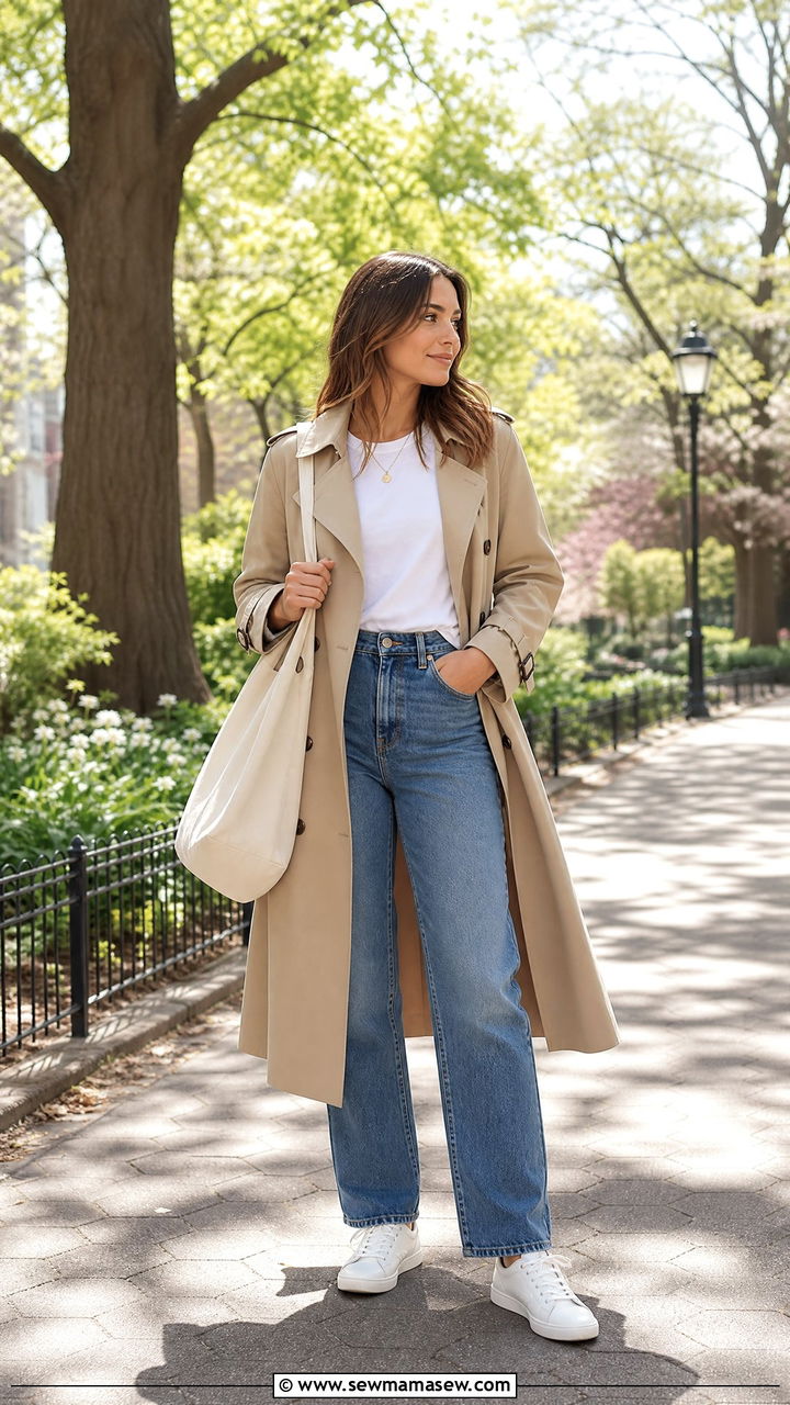 Trench Coat Over White Tee And Jeans Outfit - 25 casual elegant outfits