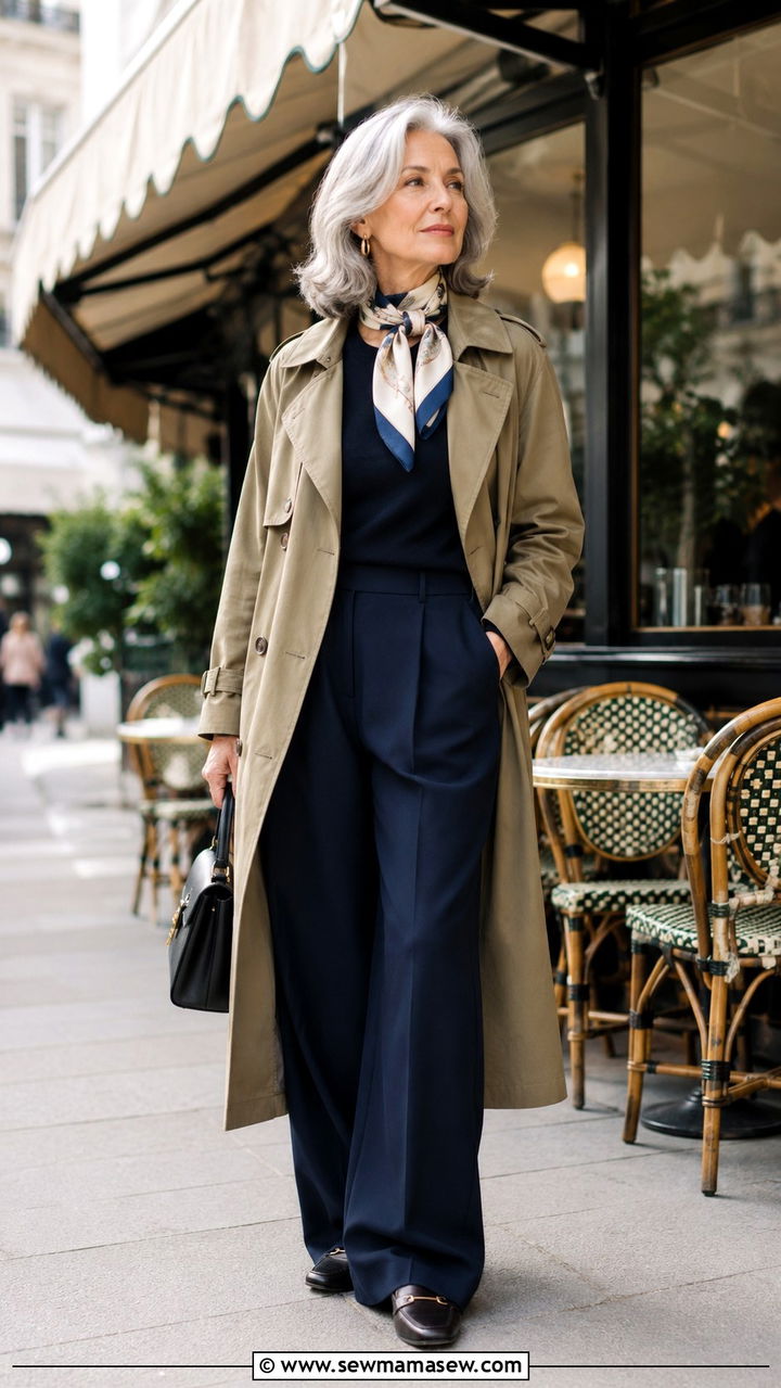 Trench Coat Over Wide Leg Trousers Outfit - 30 Parisian outfits for women over 60