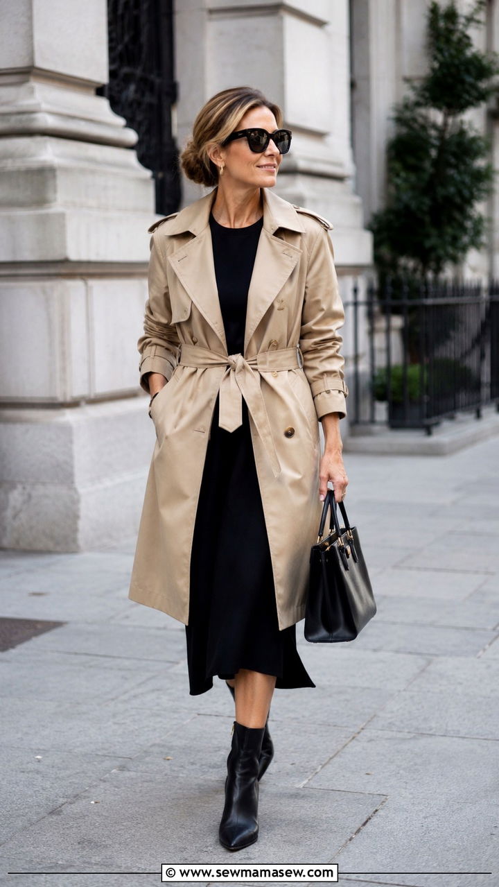 Trench Coat Over a Black Midi Dress and Heeled Ankle Boots - 30 office outfits for women over 40
