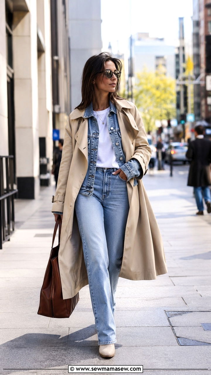 Trench Coat Over a Denim Jacket With Jeans - 30 Long trench coat outfit ideas with jeans