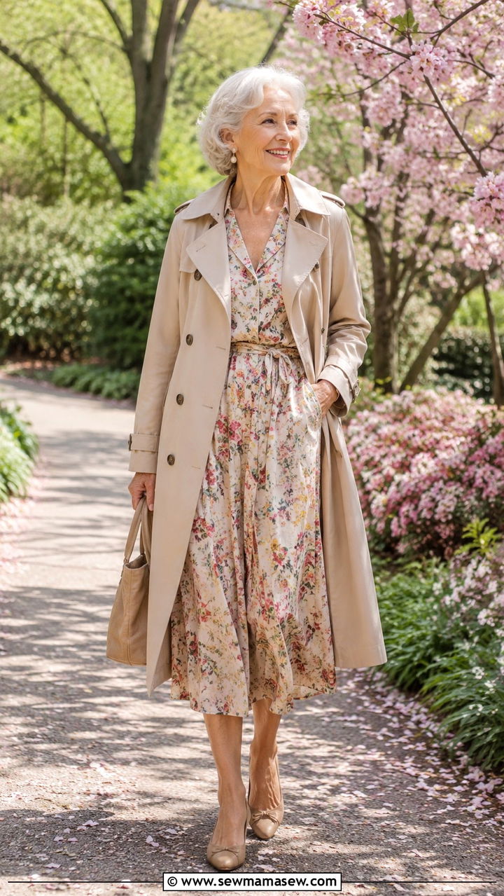 Trench Coat Over a Floral Dress Outfit - 30 Spring outfits for women over 70