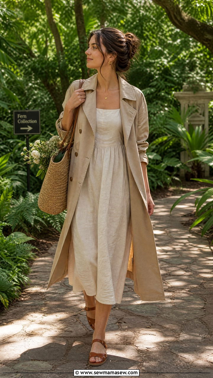 Trench Coat Over a Linen Dress - 25 classy light academia outfit ideas