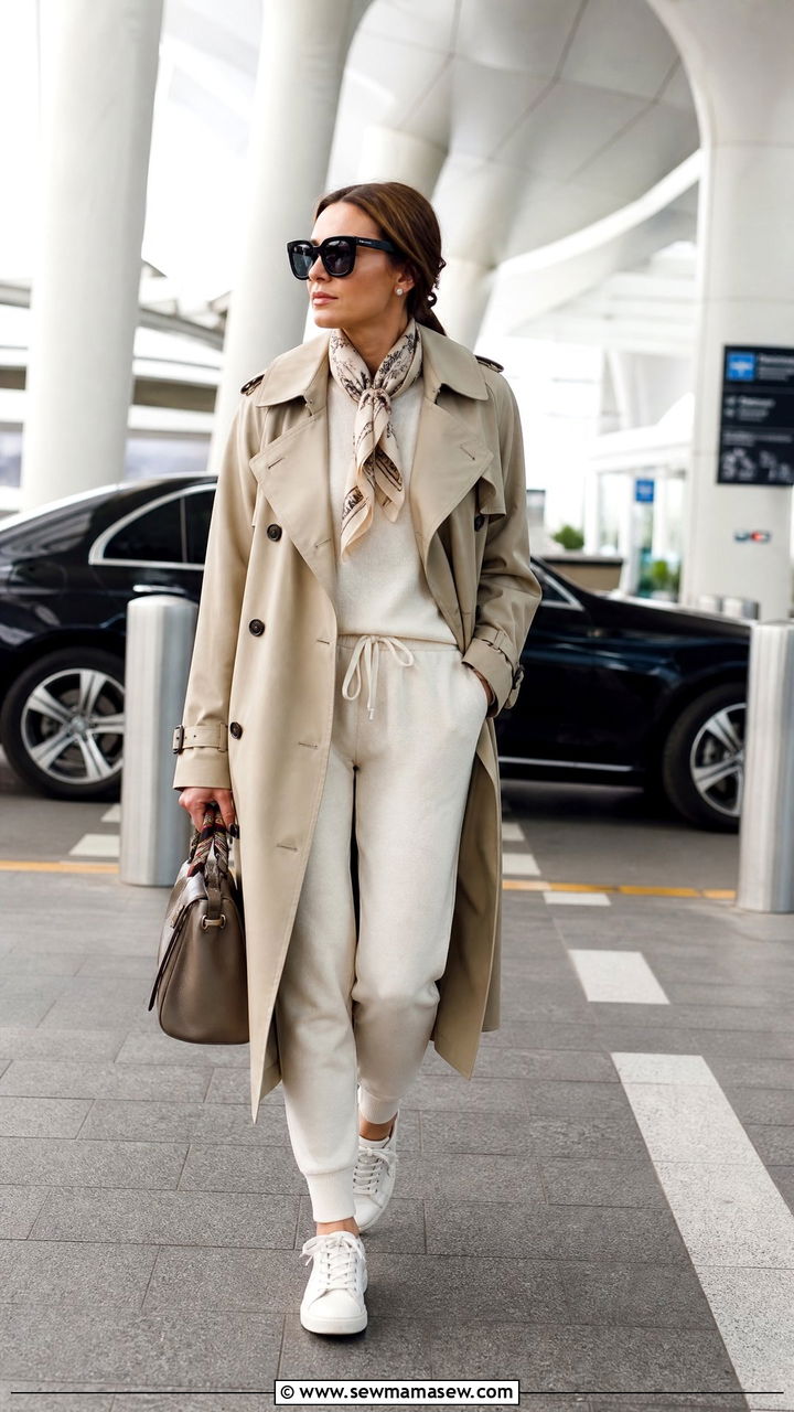 Trench Coat Over a Lounge Set - 25 Loungewear outfit ideas for travel