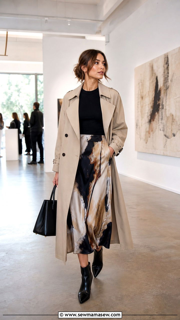 Trench Coat Over a Silk Patterned Skirt and Sleek Ankle Boots - 20 Art gallery opening outfit ideas