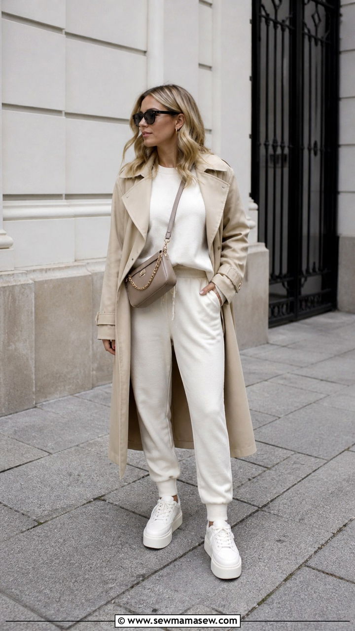 Trench Coat Over a Sweatsuit with Platform Sneakers - 40 casual trench coat outfits