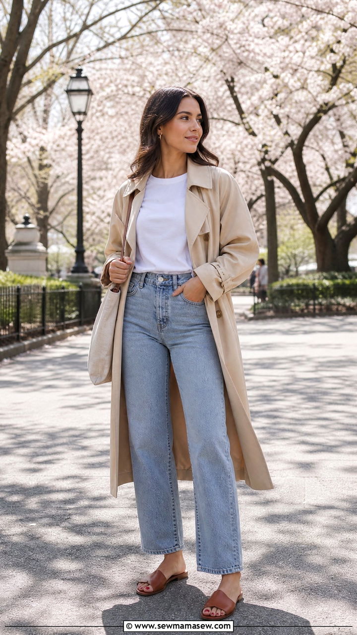 Trench Coat Over a White Tee and Straight Leg Jeans - 40 Spring photoshoot outfits