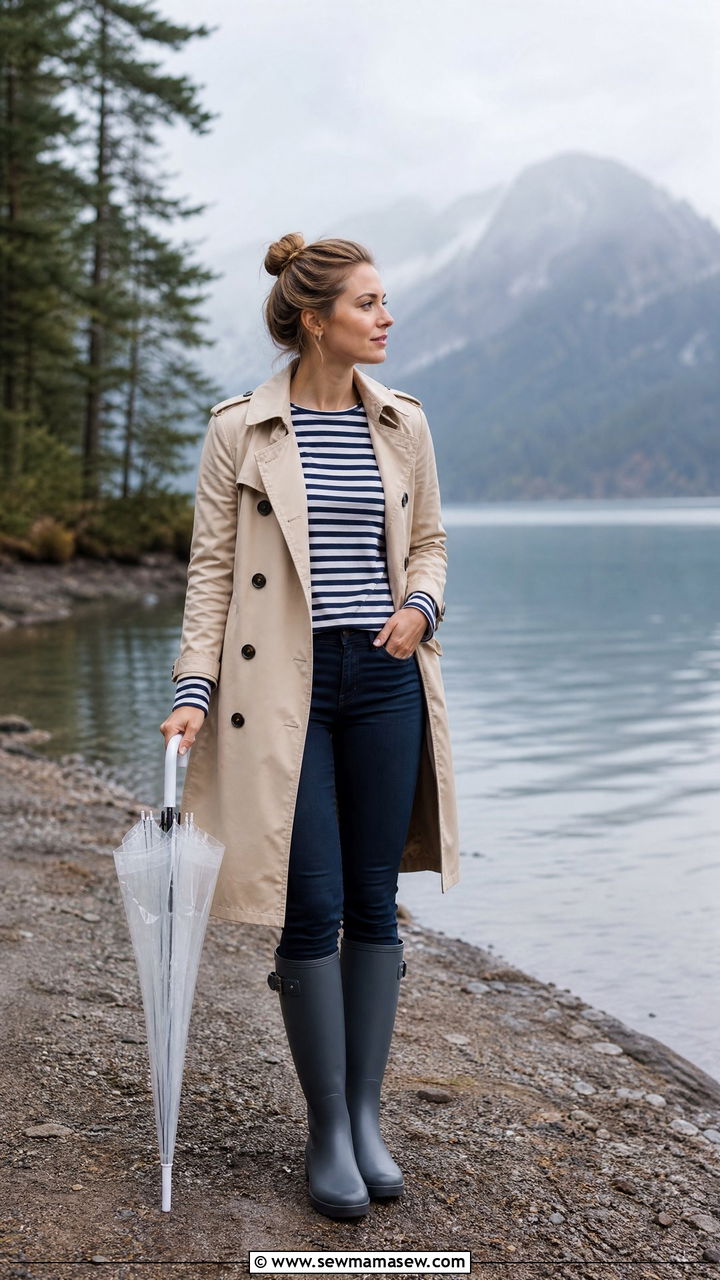 Trench Coat Striped Top Rain Boots Lake House Outfit - 35 Lake house outfit ideas