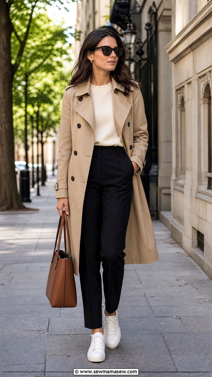 Trench Coat Styled with White Sneakers for Work - 25 How to style white sneakers for work