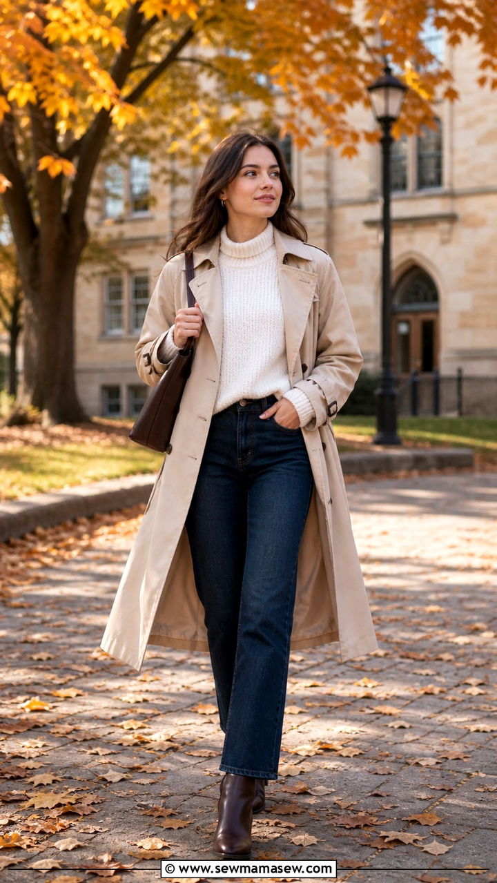 Trench Coat Sweater and Jeans - 40 back to school outfits