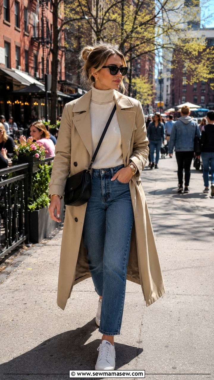 Trench Coat Turtleneck Straight Jeans White Sneakers - 30 NYC brunch outfit ideas
