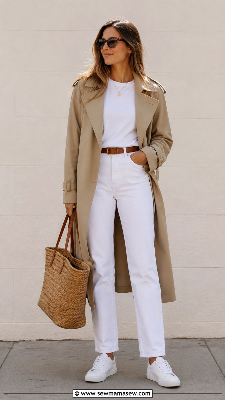 Trench Coat White Jeans And White Tee Outfit - 25 White jeans outfit ideas with a trench coat