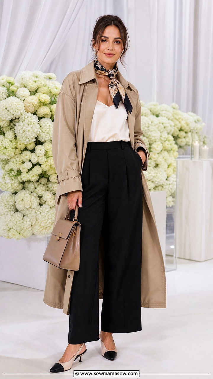 Trench Coat With A Silk Scarf And Tailored Wide Leg Trousers - 35 How to style a trench coat