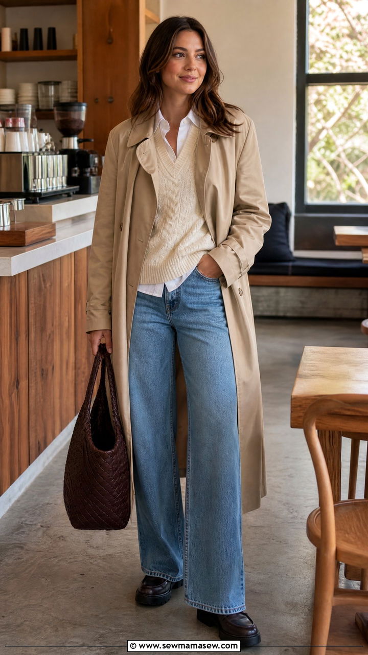 Trench Coat With A Sweater Vest And Wide Leg Jeans - 35 How to style a trench coat