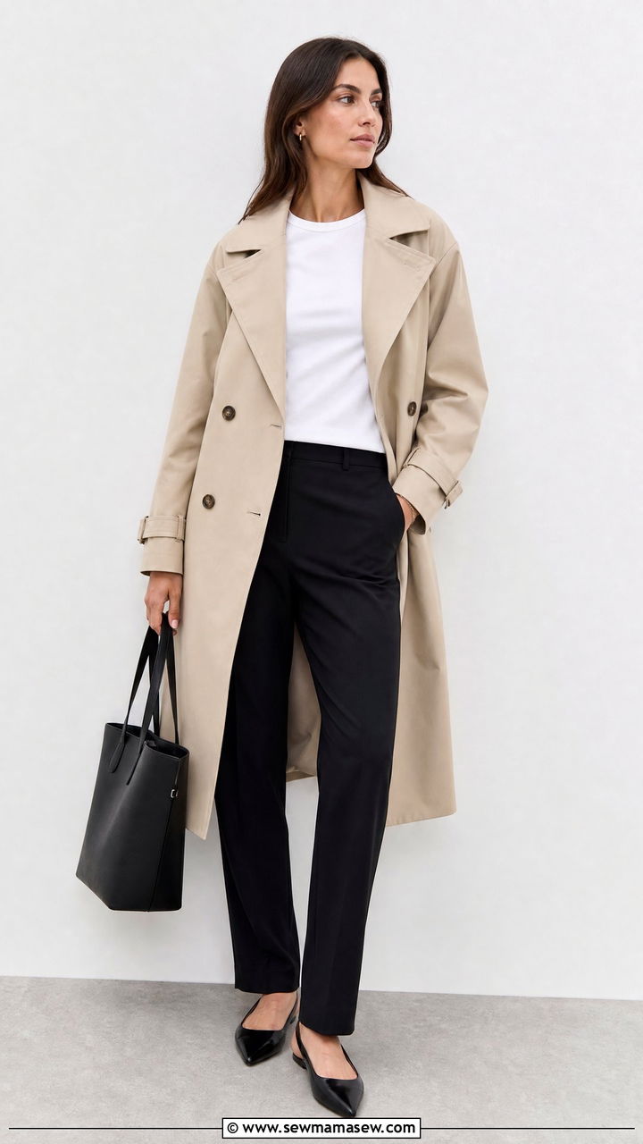 Trench Coat With A White Tee And Black Trousers - 35 How to style a trench coat