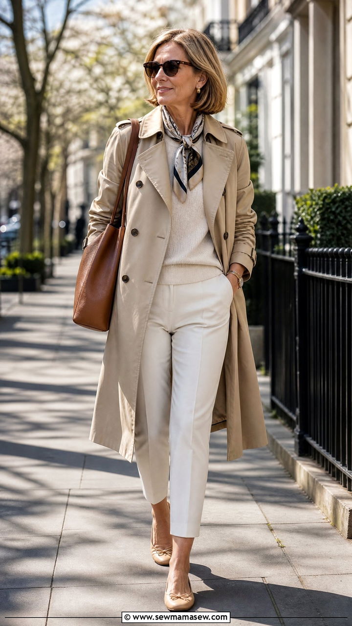 Trench Coat With Ankle Pants And Flats Outfit - 30 Outfit ideas for women over 70
