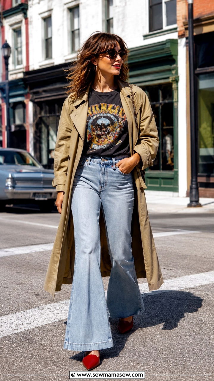 Trench Coat With Band Tee and Flared Jeans - 30 chic trench coat outfit ideas